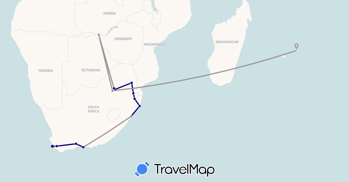 TravelMap itinerary: driving, plane in Mauritius, Swaziland, South Africa, Zambia (Africa)